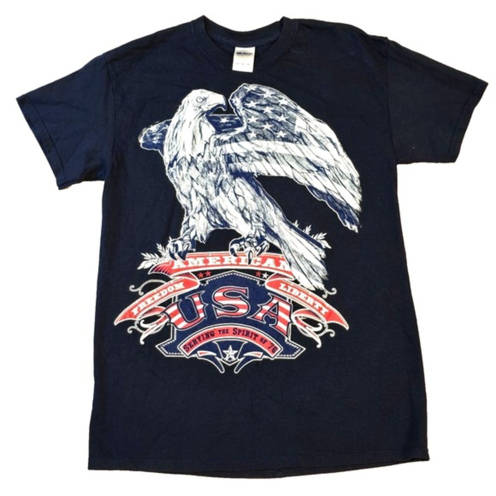 Patriotic USA Men's T-Shirt‎ Navy Blue Red White Eagle Flag Liberty Graphic 1776